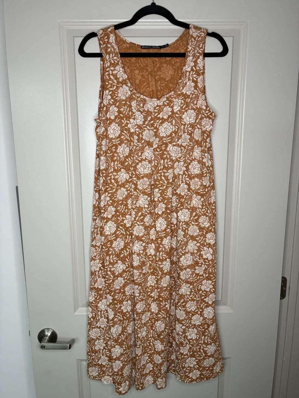 Gudrun Sjoden Orange & White Floral Midi Dress Size Medium Scoop Neck Sleeveless
